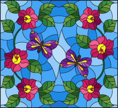 Soyut kıvırcık pembe çiçek ve mavi arka plan üzerinde mor bir kelebek ile vitray tarzı İllüstrasyon