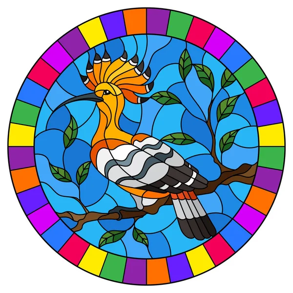 Ilustração em estilo vitral com pássaro de capuz sentado em um galho de árvore contra o céu, imagem redonda em quadro brilhante — Vetor de Stock