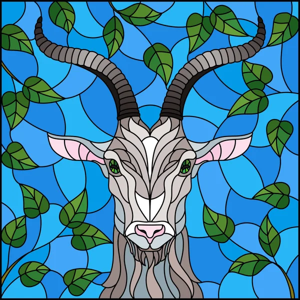 Иллюстрация в витражном стиле с головой козла, на фоне ветвей деревьев и неба, прямоугольное изображение — стоковый вектор