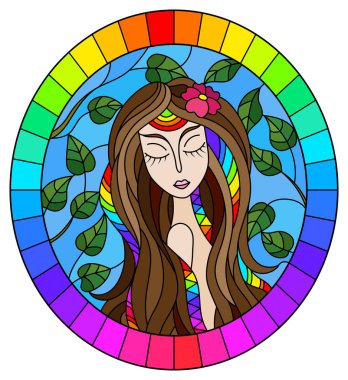 Mavi gökyüzü, gökkuşağı çerçeve içinde oval görüntü arka planda kahverengi saçlı ve ağaç dalları ile bir kız ile vitray tarzı boyama illüstrasyon 