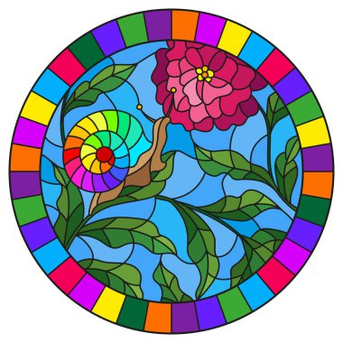 Boyacam tarzı salyangoz ve çiçek mantar İllüstrasyon , yaprakları ile arka plan dalları, çim ve gökyüzü, parlak çerçeve içinde oval görüntü