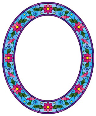 Vitray tarzı çiçek çerçeve, parlak çiçekler ve beyaz bir arka plan, oval görüntü üzerinde mavi çerçeve yaprakları İllüstrasyon