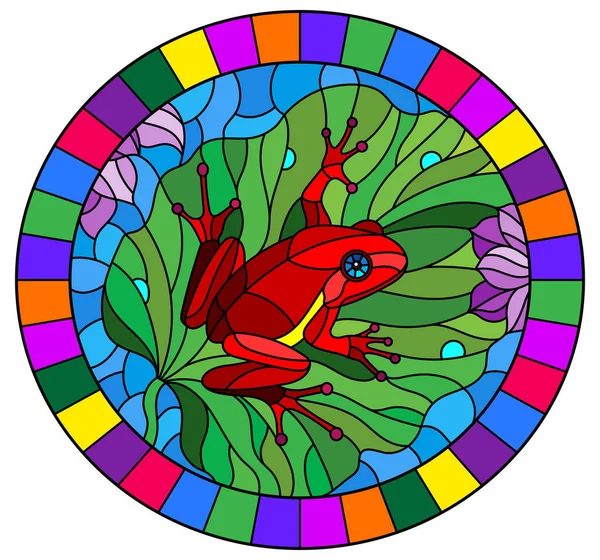 Ilustración en estilo vitral con rana roja abstracta sobre hoja de loto sobre agua y flores, imagen ovalada en marco brillante — Vector de stock