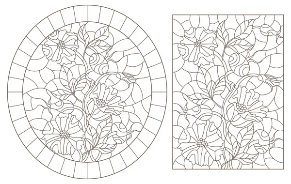 Eine Reihe von Konturabbildungen von Glasfenstern mit Blumen und Beeren von Hagebutten, dunkle Konturen auf weißem Hintergrund — Stockvektor