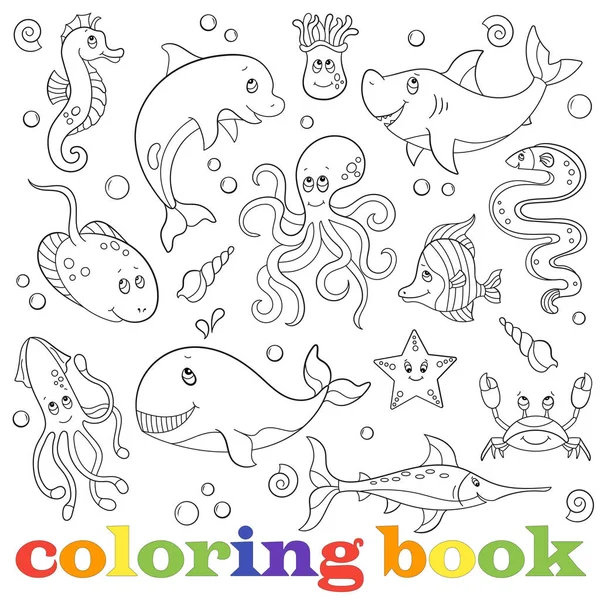 Een set van Contour illustraties met mariene leven, grappige cartoon dieren op een blauwe achtergrond, kleurboek — Stockvector