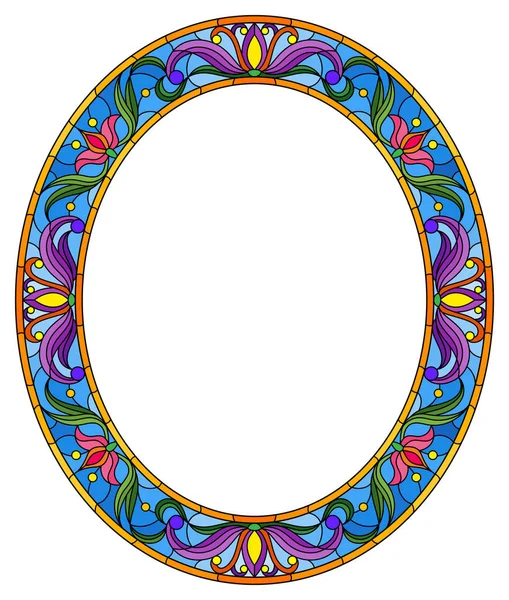 Ilustração em moldura de flor estilo vitral, flores brilhantes e folhas em moldura azul em um fundo branco, imagem oval — Vetor de Stock