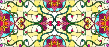 İllüstrasyon soyut swirls, vitray tarzında çiçekler ve yatay yönlendirme, sarı bir arka plan bırakır