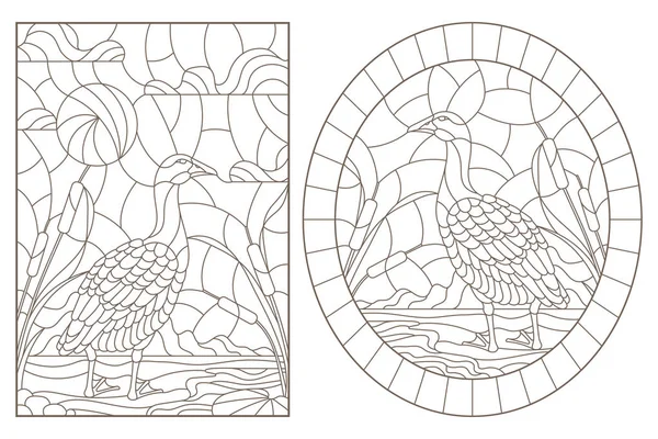 Set van Contour illustraties met een paar eenden op een vijver en hemel achtergrond, donkere contouren op een witte achtergrond — Stockvector