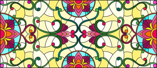 Illustration en vitrail avec tourbillons abstraits, fleurs et feuilles sur fond jaune, orientation horizontale — Image vectorielle