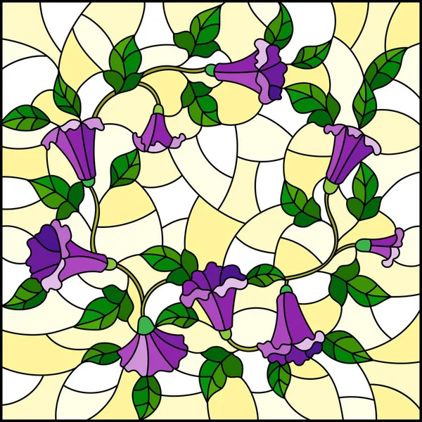 노란색 배경에 꽃 로치, 보라색 꽃과 잎스테인드 글라스 스타일의 그림 — 스톡 벡터