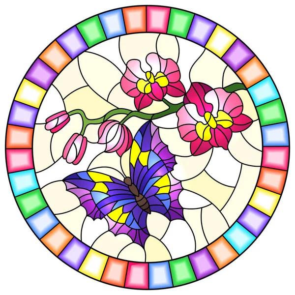 Illustrazione in stile vetrate con un ramo di rosa Orchidea e brillante farfalla viola su uno sfondo giallo, immagine rotonda in cornice luminosa — Vettoriale Stock