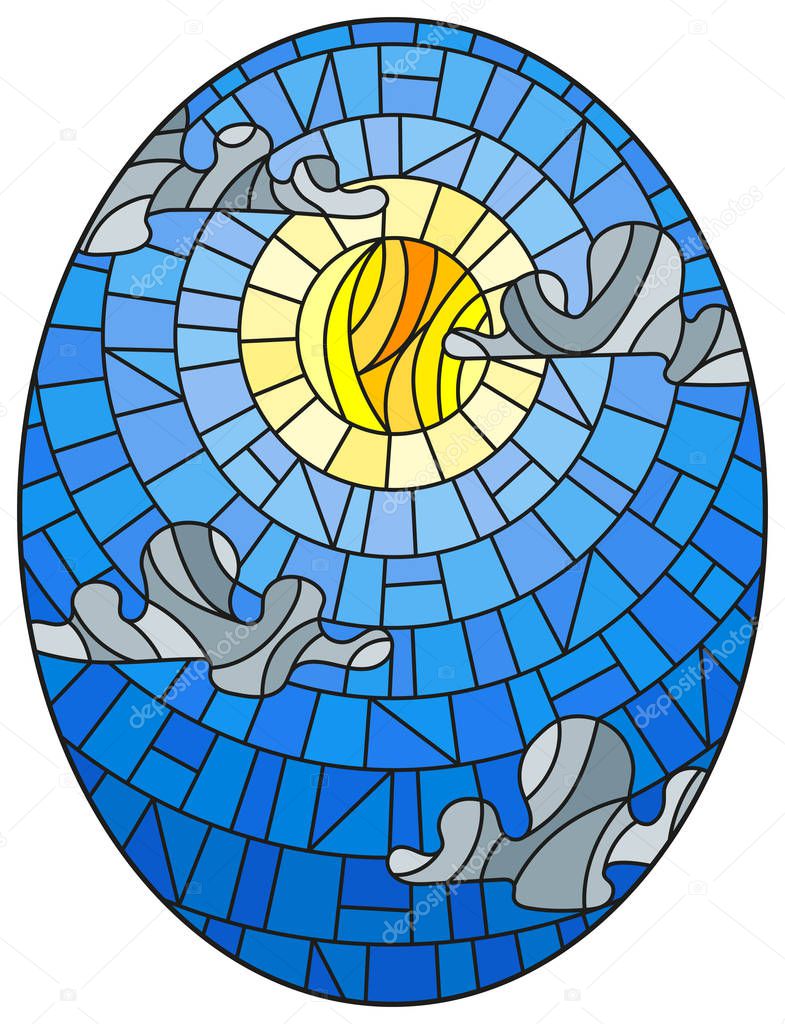 Illustration in stained glass style sun and clouds on blue sky background, oval image 