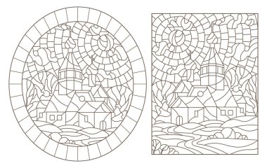 Manzara arka planda tapınaklar ile vitray Pencereler kontur çizimler seti , beyaz bir arka plan üzerinde koyu konturlar