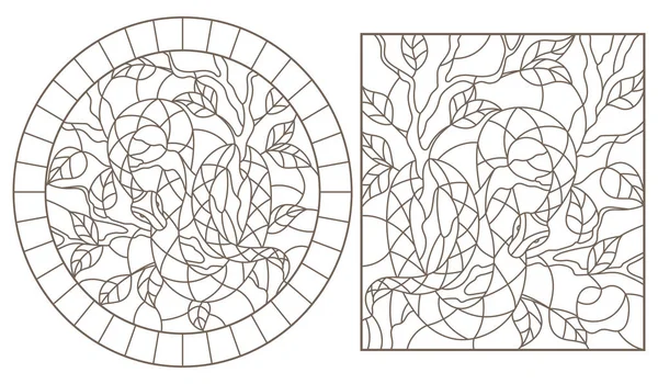 Uppsättning av kontur illustrationer av målat glas fönster med ormar på träd, mörk kontur på vit bakgrund — Stock vektor