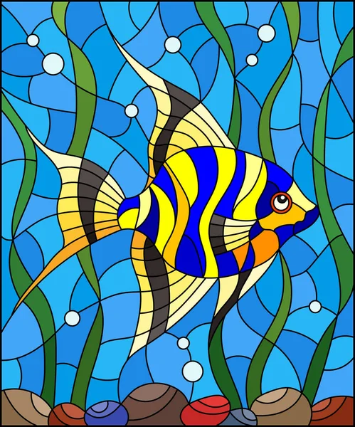 Illustration en scalaire de poisson rayé de style vitrail sur fond d'eau et d'algues — Image vectorielle