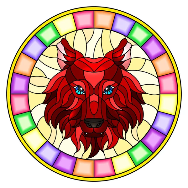 La ilustración en pintura estilo vitral con una cabeza de lobo rojo, una imagen circular con marco brillante — Vector de stock