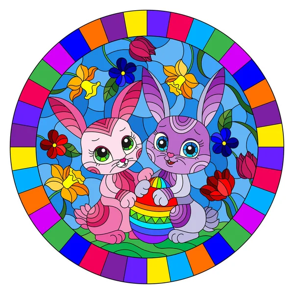 Illustratie in gebrandschilderd glas stijl met schattige Pasen konijntjes en ei op de achtergrond van bloemen en hemel, ronde afbeelding in heldere frame — Stockvector