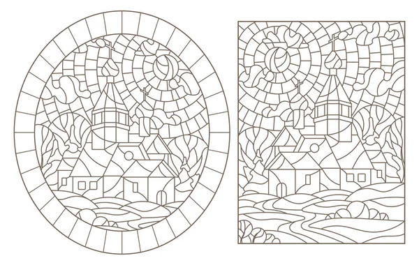 Série d'illustrations de contours de vitraux avec temples sur fond de paysages, contours sombres sur fond blanc — Image vectorielle