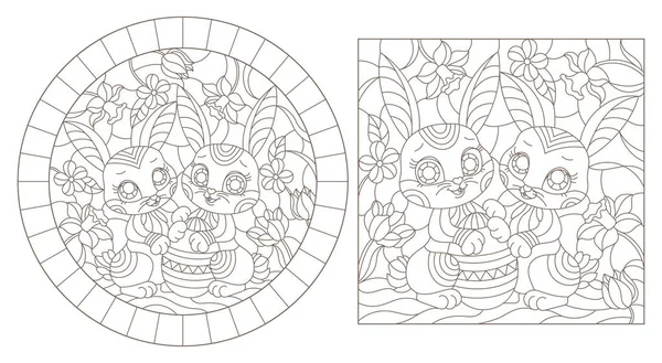Un conjunto de ilustraciones de contorno de vidrieras con divertidos conejos de Pascua y huevo sobre un fondo de flores, contornos oscuros sobre un fondo blanco — Vector de stock