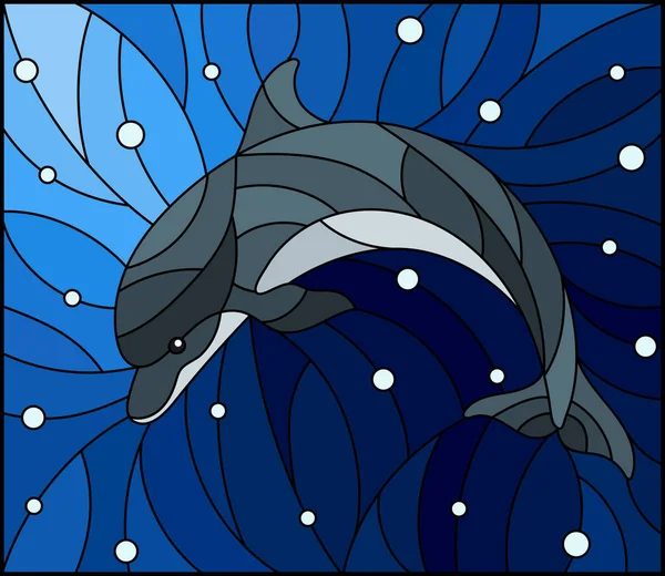 Illustrazione nello stile di vetrate con delfino sullo sfondo di acqua e bolle d'aria — Vettoriale Stock