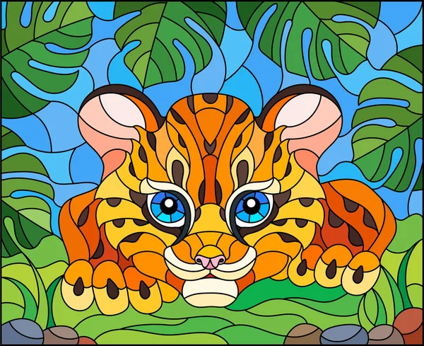 Illustration en vitrail avec un bébé guépard en chasse, contre les feuilles de plantes tropicales — Image vectorielle