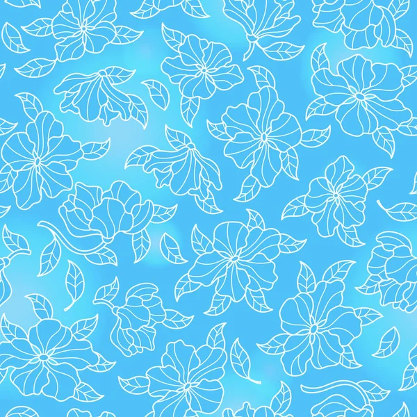 Nahtloses Muster mit Blüten, Knospen und Blättern, leichte Umrissmuster auf blauem Hintergrund — Stockvektor
