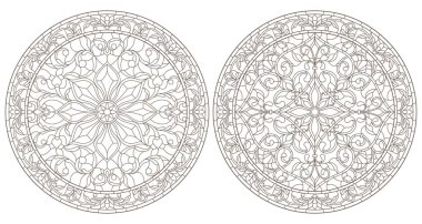 Vitray, vitray çiçek, karanlık Anahat Beyaz bir arka plan üzerinde yuvarlak kontur çizimleri ayarla