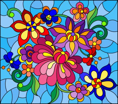 Parlak soyut çiçekler ve mavi arkaplanda yapraklar ile boyalı cam tarzında bir resim