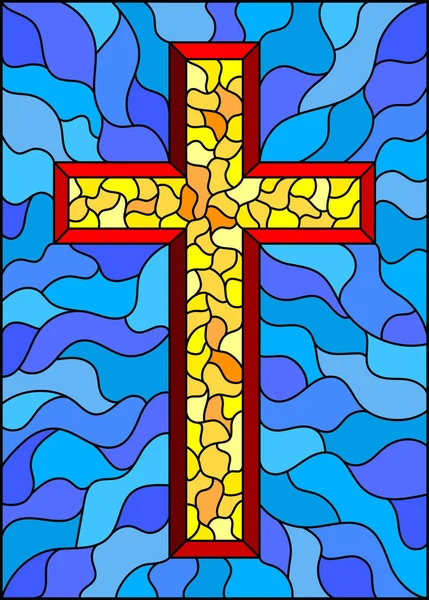 La ilustración en pintura de estilo vidriera sobre temas religiosos, vitral en forma de cruz cristiana amarilla, sobre un fondo azul — Vector de stock