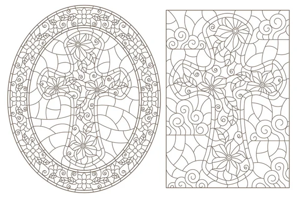 Ensemble d'illustrations de contour avec croix chrétienne et fleurs, contour noir sur fond blanc — Image vectorielle