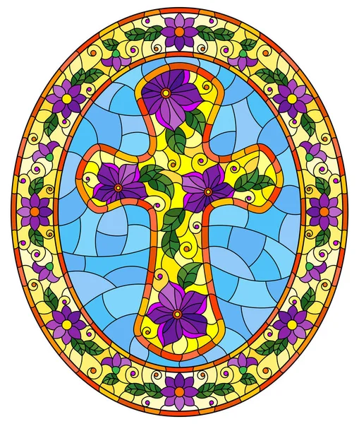 Ilustración en estilo vidriera con cruz cristiana decorada con flores púrpura sobre fondo azul, imagen ovalada en marco floral — Vector de stock