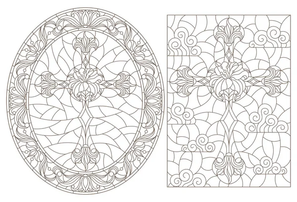 Conjunto de ilustraciones de contorno con cruz cristiana y flores, contorno negro sobre fondo blanco — Archivo Imágenes Vectoriales