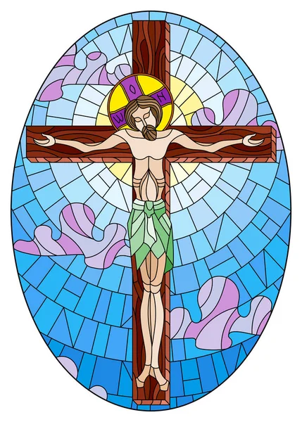 Illustrazione in vetro colorato sul tema biblico, Gesù Cristo sulla croce contro il cielo nuvoloso e il sole, immagine ovale — Vettoriale Stock