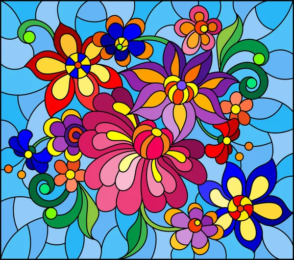 Ilustração em estilo vitral com flores abstratas brilhantes e folhas no fundo azul — Vetor de Stock