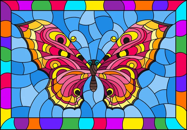 Ілюстрація у вітражному стилі з яскраво-рожевим метеликом на синьому фоні в яскравій рамці — стоковий вектор