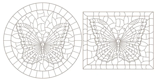 Contorno serie di illustrazioni di vetrate con farfalle, contorno scuro su sfondo bianco — Vettoriale Stock