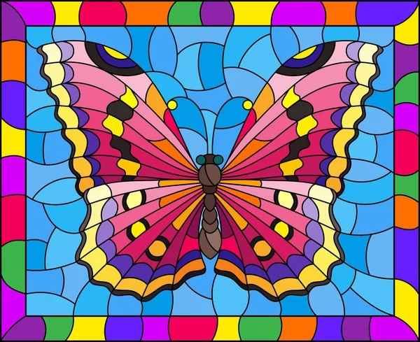 Ilustración en estilo vitral con mariposa rosa brillante sobre un fondo azul en un marco brillante — Vector de stock