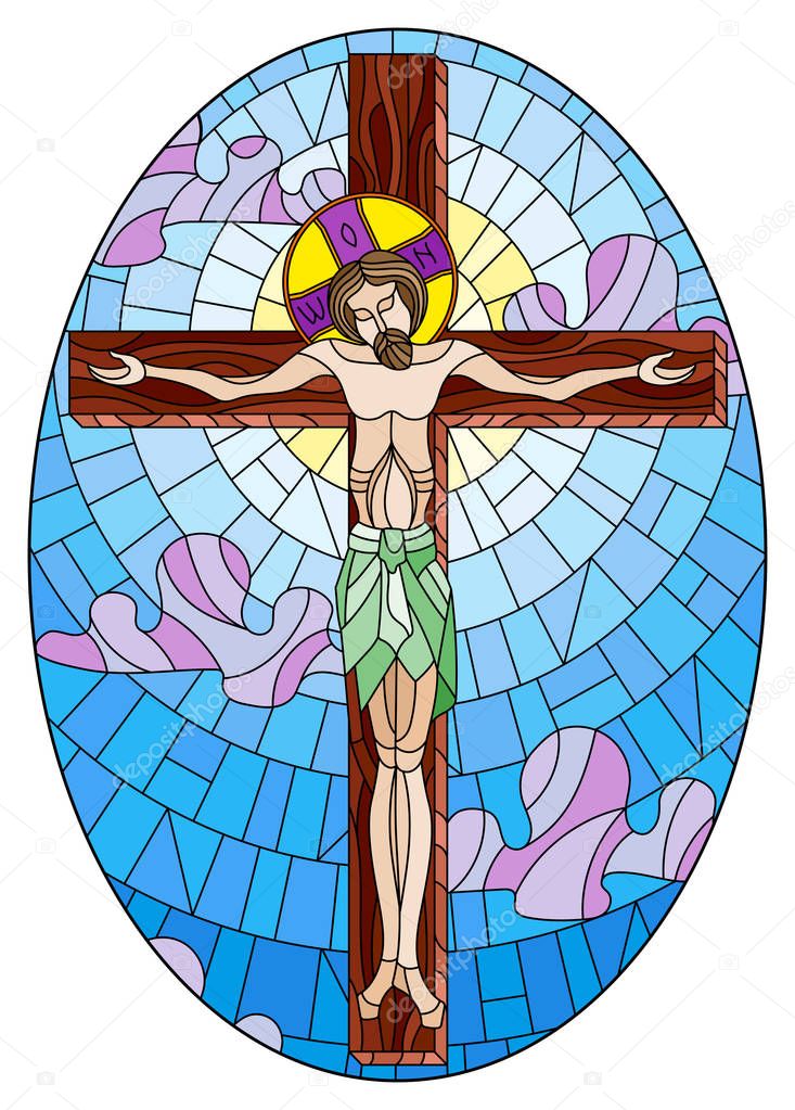 Illustration in stained glass style on the biblical theme, Jesus Christ on the cross against the cloudy sky and the sun, oval image