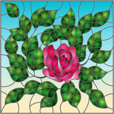 Bir gökyüzü arka plan, kare görüntü üzerinde pembe gül vitray tarzı çiçek İllüstrasyon 
