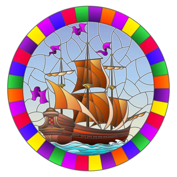 Ilustración en estilo vitral con un viejo barco navegando con velas marrones contra el mar, imagen ovalada en un marco brillante — Vector de stock