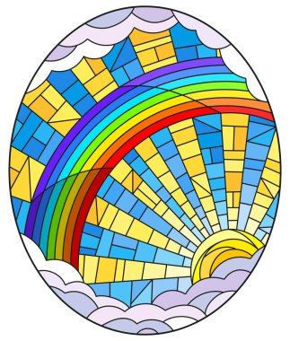 Mavi gökyüzü arka planda vitray tarzı güneş, gökkuşağı ve bulutlar Illustration, oval görüntü 