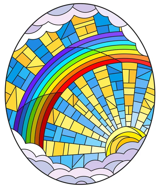 Mavi gökyüzü arka planda vitray tarzı güneş, gökkuşağı ve bulutlar Illustration, oval görüntü 