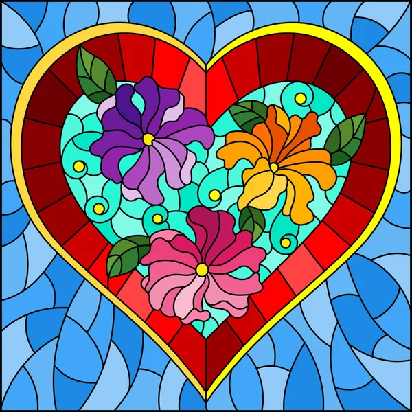 Illustration en style vitrail avec coeur rouge vif et fleurs sur fond bleu — Image vectorielle