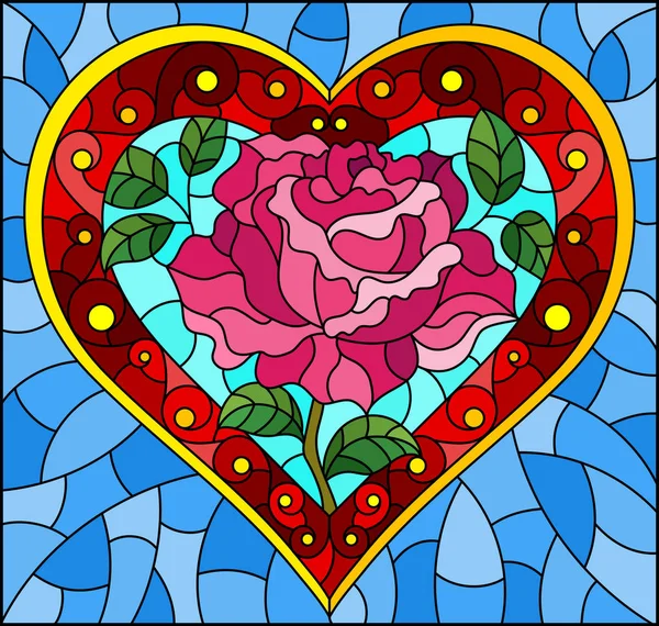 Illustration dans le style vitrail avec coeur rouge vif et fleur rose sur fond bleu — Image vectorielle