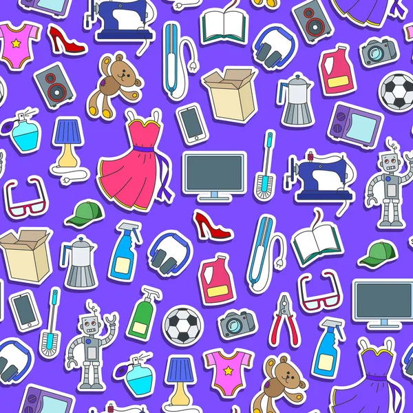 Patrón sin costuras en un tema de productos y compras, iconos de pegatina simples, iconos de parche de color sobre fondo púrpura — Vector de stock