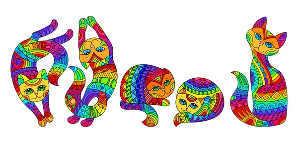 Set de vidrieras con gatos arco iris, imágenes aisladas sobre fondo blanco — Vector de stock