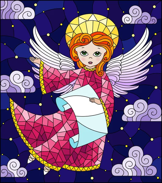 Ilustração em estilo vitral com anjo dos desenhos animados em vestido rosa com rolagem nas mãos contra o céu noturno nublado —  Vetores de Stock