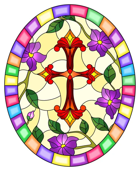 Målat glas illustration med ett rött kristet kors och rosa blommor på gul bakgrund, oval bild i en ljus ram — Stock vektor