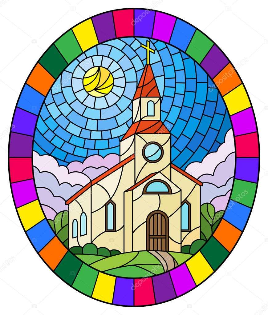 Illustration in stained glass style with Church on the background of summer landscape, a Church on the background of the Sunny sky and green trees, oval image in bright frame 