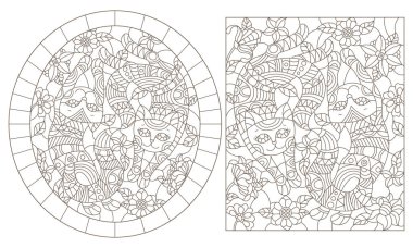 Renkleri bir arka planda kediler ile vitray Windows kontur illüstrasyonları bir dizi, beyaz bir arka planda koyu konturlar